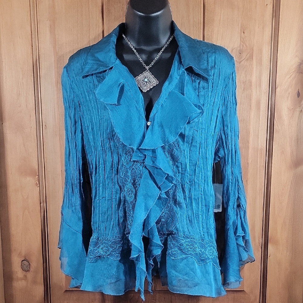 Marshall Rousso Teal Ruffle Button Down Blouse